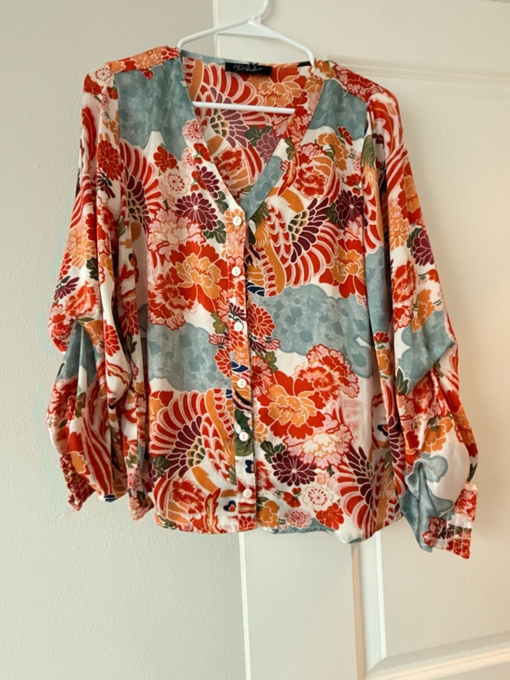 Floral Button-Front V-Neck Blouse in Coral & Teal